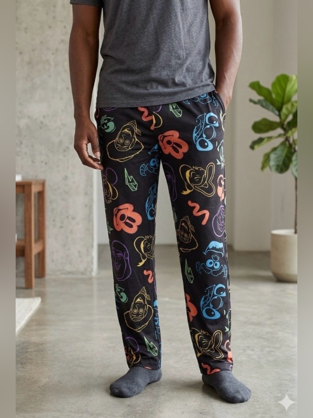 Disney 100 Neon Outline Character Lounge Pants Medium Mickey Stitch Pixar NWT